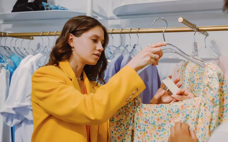 A woman in a yellow blazer examines a floral dress on a rack, holding a price tag. Bright colors and stylish clothing create a trendy, fashion-focused atmosphere, Sustainable Fashion in the United States: A Useful, Guide to Eco-Friendly Clothing