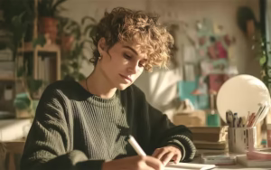 A person with curly hair sits at a cluttered desk, writing in a notebook. Soft, warm lighting creates a cozy atmosphere in the plant-filled room, 10 Famous Feminist Writers Who Empowered the World